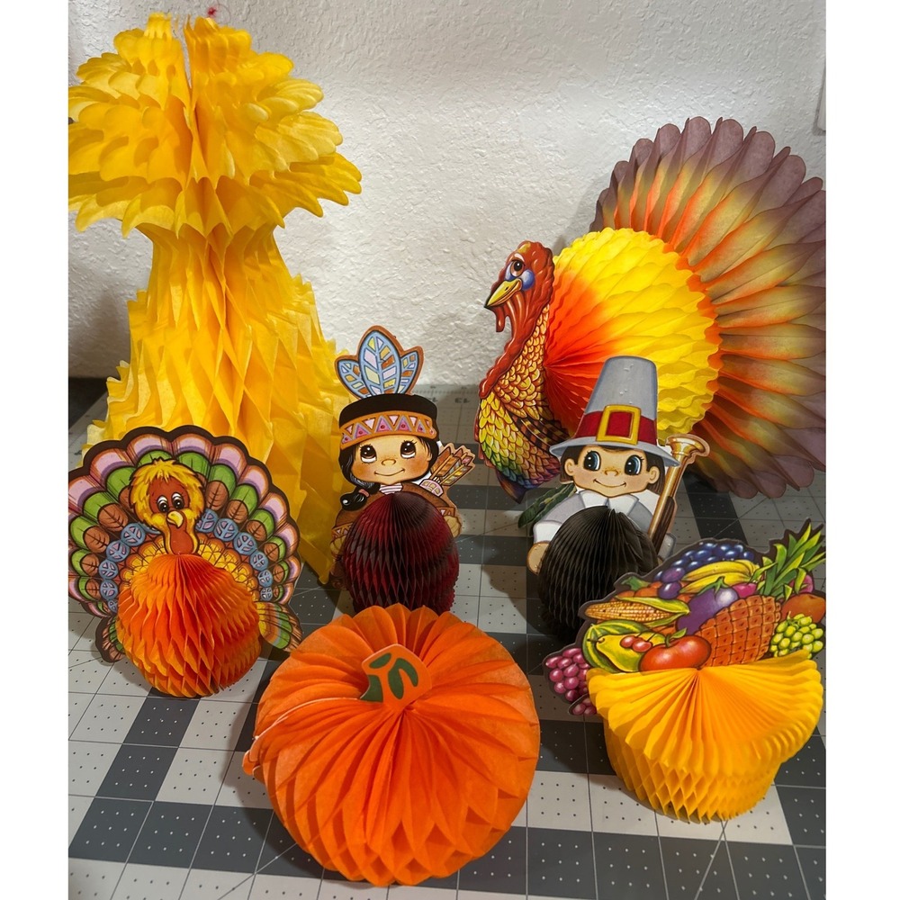 Vintage Beistle Thanksgiving Honeycomb Centerpiece Lot 7pc 1986 Turkey Pumpkin